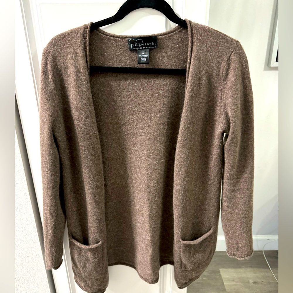 Philosophy 100% cashmere long cardigan sweater brown taupe medium cozy warm